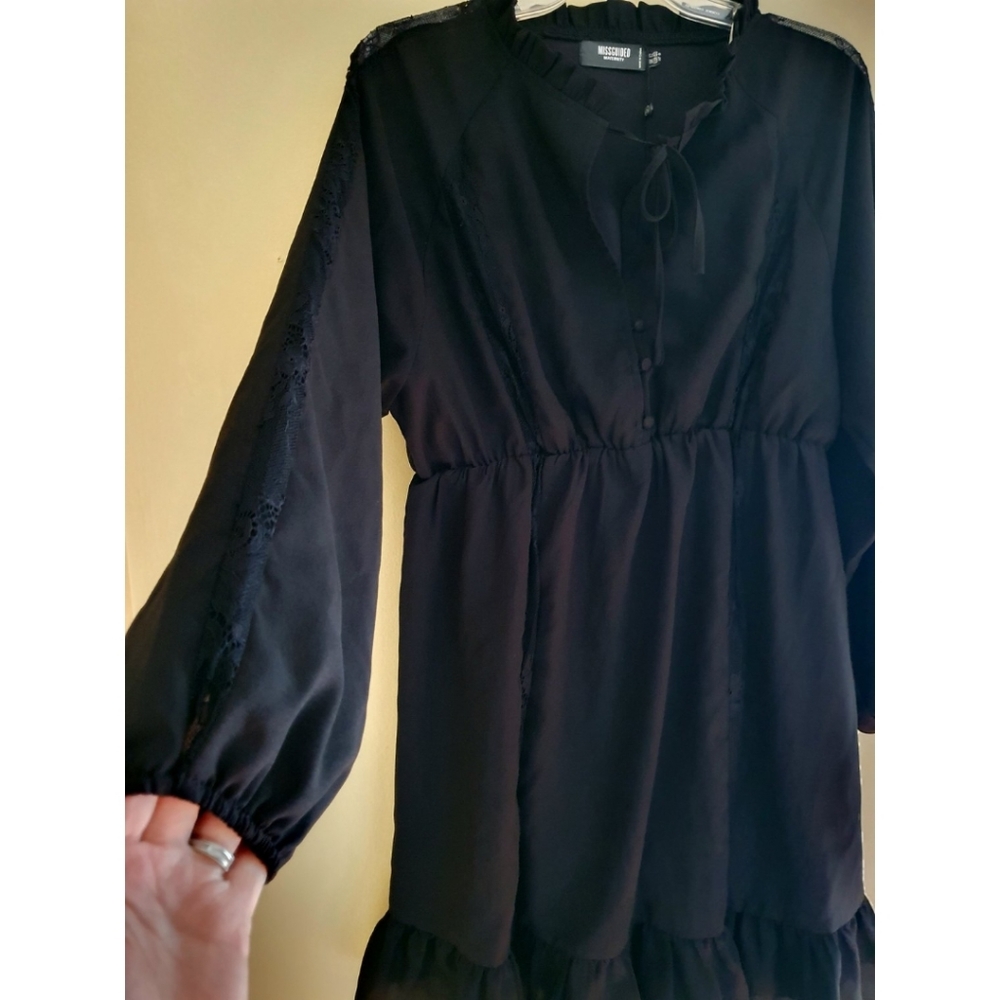 Missguided Maternity Black Midi Dress, Lace Trim, Size 8, Flowy Ruffle Hem
